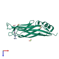 Monomeric assembly 1 of PDB entry 6hpy coloured by chemically distinct molecules, top view.