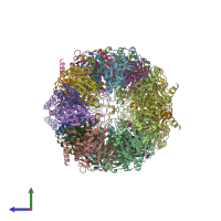 PDB entry 6hub coloured by chain, side view.