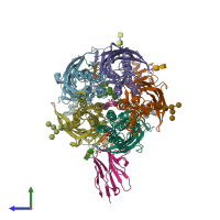 PDB entry 6hug coloured by chain, side view.