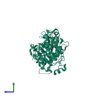 Monomeric assembly 1 of PDB entry 6hx1 coloured by chemically distinct molecules, side view.