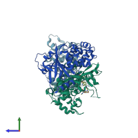 PDB entry 6hxr coloured by chain, side view.