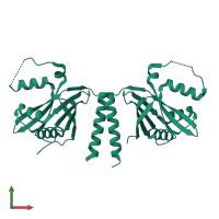 Homo dimeric assembly 1 of PDB entry 6hxv coloured by chemically distinct molecules, front view.