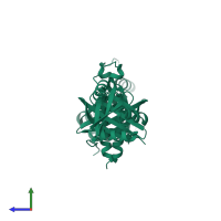 Homo dimeric assembly 1 of PDB entry 6hxv coloured by chemically distinct molecules, side view.