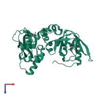 Monomeric assembly 1 of PDB entry 6hyi coloured by chemically distinct molecules, top view.