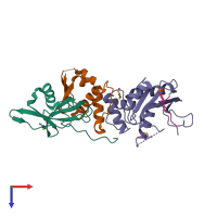 Hetero tetrameric assembly 1 of PDB entry 6i4x coloured by chemically distinct molecules, top view.