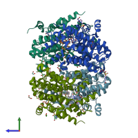 PDB entry 6iag coloured by chain, side view.