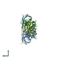 PDB entry 6iav coloured by chain, side view.