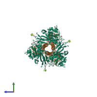 Hetero hexameric assembly 1 of PDB entry 6icx coloured by chemically distinct molecules, side view.