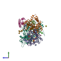 PDB entry 6idf coloured by chain, side view.