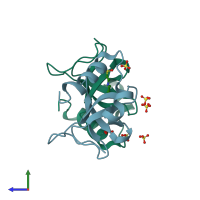 PDB entry 6iip coloured by chain, side view.