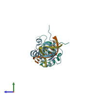 PDB entry 6iis coloured by chain, side view.