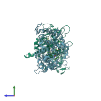 PDB entry 6iss coloured by chain, side view.