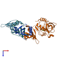 PDB entry 6ist coloured by chain, top view.