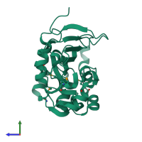 PDB entry 6itw coloured by chain, side view.