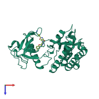 Monomeric assembly 1 of PDB entry 6iuo coloured by chemically distinct molecules, top view.