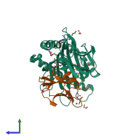 PDB entry 6iwg coloured by chain, side view.