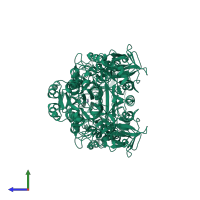 Homo dimeric assembly 1 of PDB entry 6iwr coloured by chemically distinct molecules, side view.