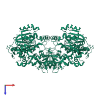 Homo dimeric assembly 3 of PDB entry 6iwr coloured by chemically distinct molecules, top view.