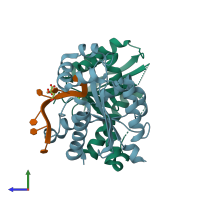 PDB entry 6j80 coloured by chain, side view.