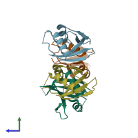 PDB entry 6jm4 coloured by chain, side view.