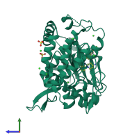 PDB entry 6joj coloured by chain, side view.