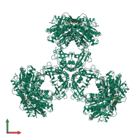 Homo hexameric assembly 1 of PDB entry 6jqm coloured by chemically distinct molecules, front view.