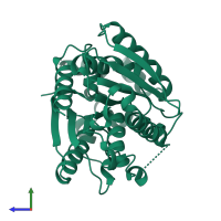 PDB entry 6k1t coloured by chain, side view.