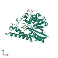 PDB entry 6k4t coloured by chain, front view.