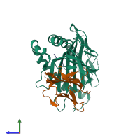 PDB entry 6k7t coloured by chain, side view.