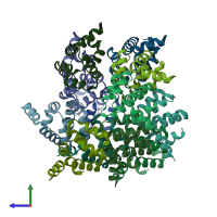 PDB entry 6k9f coloured by chain, side view.