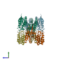 PDB entry 6kde coloured by chain, side view.