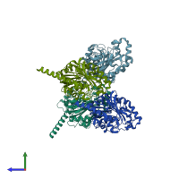 PDB entry 6kex coloured by chain, side view.