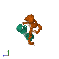 PDB entry 6kh8 coloured by chain, ensemble of 10 models, side view.