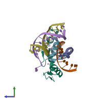 PDB entry 6ki6 coloured by chain, side view.