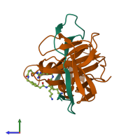 PDB entry 6kk3 coloured by chain, side view.