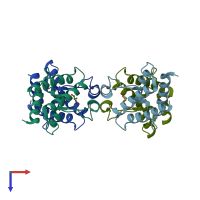 PDB entry 6kmb coloured by chain, top view.