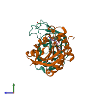 PDB entry 6kmr coloured by chain, side view.