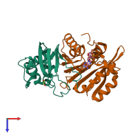 PDB entry 6kmr coloured by chain, top view.
