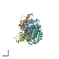 PDB entry 6kms coloured by chain, side view.