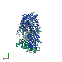 PDB entry 6knh coloured by chain, side view.