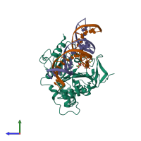 PDB entry 6ksf coloured by chain, side view.