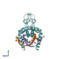 PDB entry 6lae coloured by chain, side view.