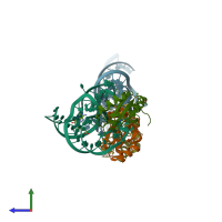 PDB entry 6lax coloured by chain, side view.