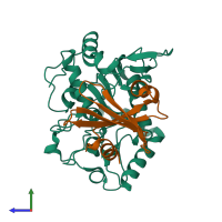 PDB entry 6lye coloured by chain, side view.