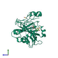 PDB entry 6mby coloured by chain, side view.