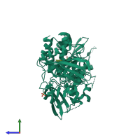 Monomeric assembly 1 of PDB entry 6mda coloured by chemically distinct molecules, side view.