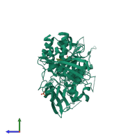 Monomeric assembly 2 of PDB entry 6mda coloured by chemically distinct molecules, side view.