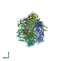 PDB entry 6mdm coloured by chain, side view.
