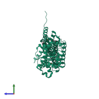 PDB entry 6me4 coloured by chain, side view.