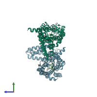 PDB entry 6me8 coloured by chain, side view.